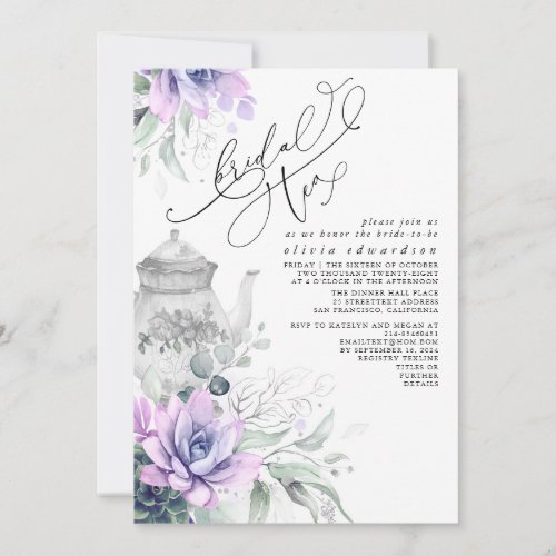 Succulents Silver Greenery Bridal Shower Tea Party Invitation