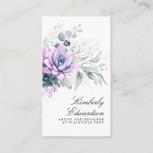 Succulents Silver Greenery Elegant Boho Foliage Business Card (Front)