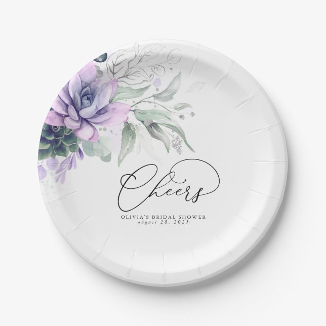 Succulents Silver Greenery Elegant Modern Cheers Paper Plates (Front)