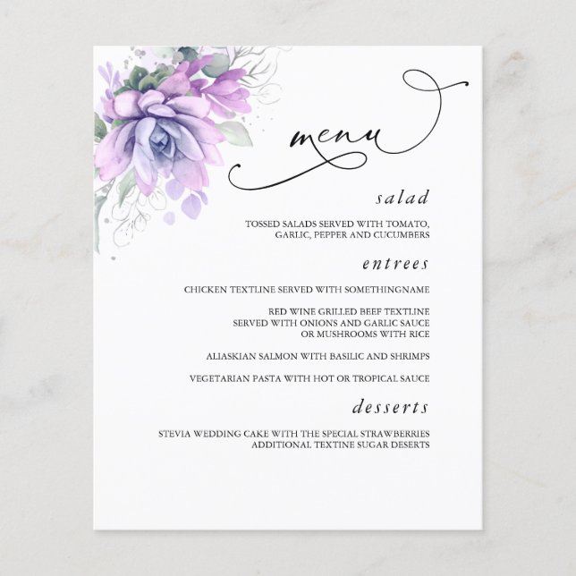 Succulents Silver Greenery Wedding Menu Flyer (Front)