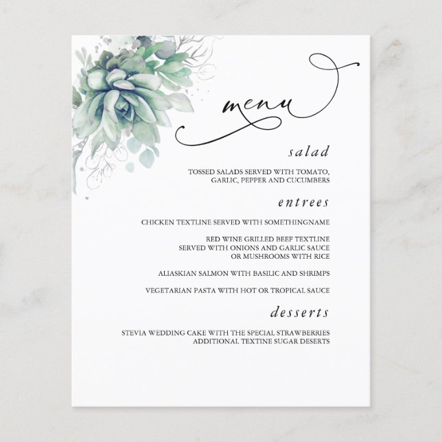 Succulents Silver Greenery Wedding Menu Flyer (Front)