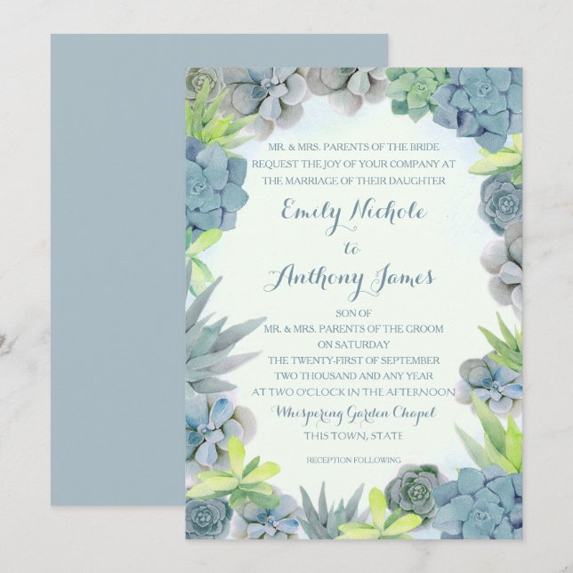 Succulents Smokey Blue Wedding Watercolor Invitation (Front/Back)