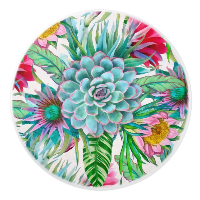 Succulents tropical garden ceramic knob (Front)