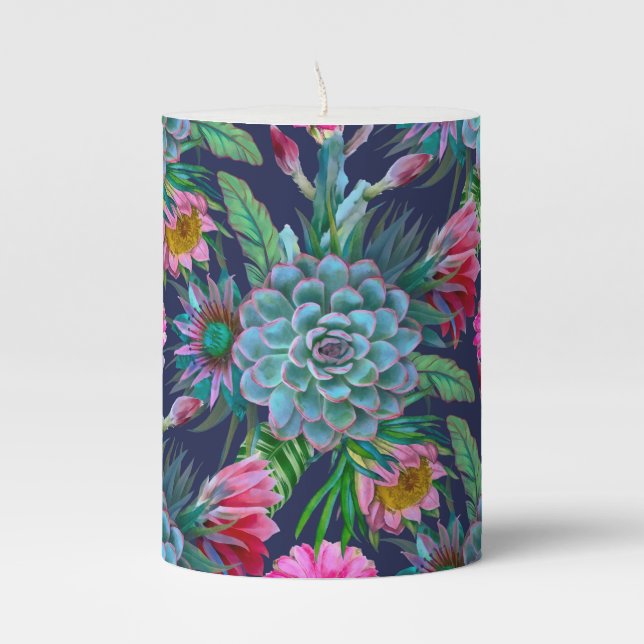 Succulents Tropical Garden Pillar Candle (Front)