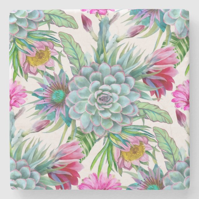 Succulents tropical garden stone coaster (Front)