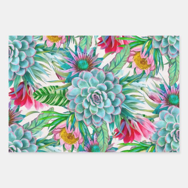 Succulents Tropical Garden Wrapping Paper Sheets (Front)