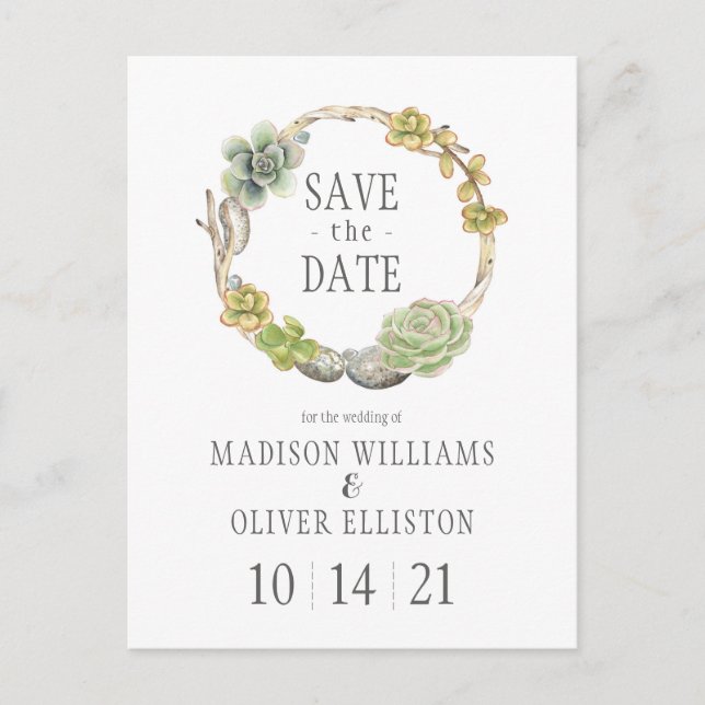 Succulents, Twigs and Stones | Save the Date Postcard (Front)