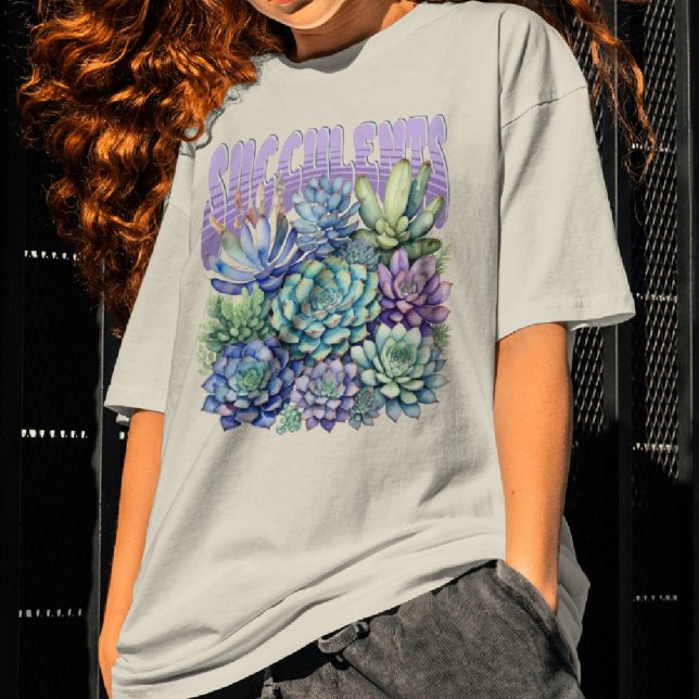 Succulents Watercolor Botanical Purple Green T-Shirt (Creator Uploaded)