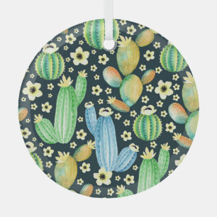 Succulents Watercolor Cactus Floral Pattern Glass Ornament