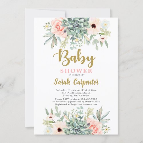 Succulents watercolor floral Baby Shower Invitation