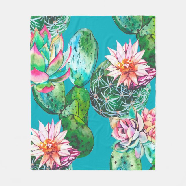 Succulents watercolor illustration pattern fleece blanket (Front)