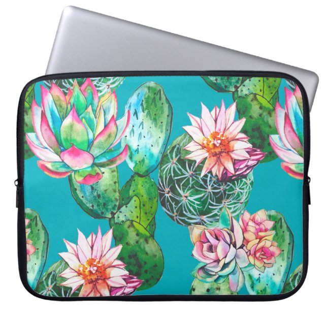 Succulents watercolor illustration pattern laptop sleeve (Front)