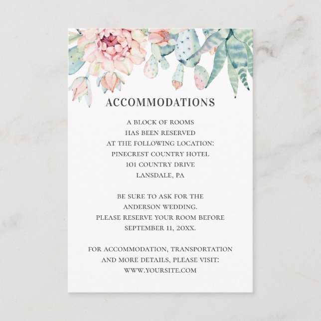 Succulents wedding accommodations. Cactus details Enclosure Card (Front)