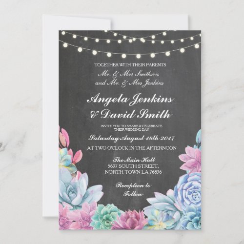 Succulents Wedding Rustic Chalk Lights Invite