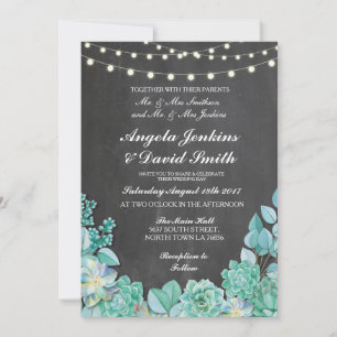 Succulents Wedding Rustic Chalk Lights Teal Invite
