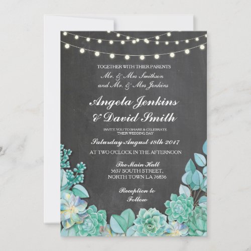 Succulents Wedding Rustic Chalk Lights Teal Invite