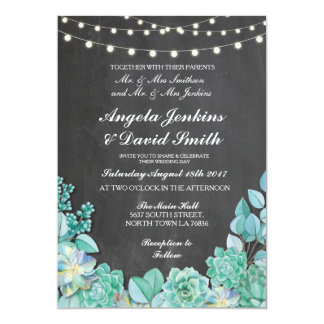 Succulents Wedding Rustic Chalk Lights Teal Invite