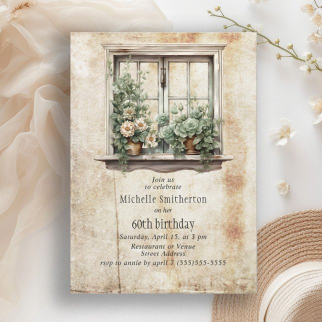 Succulents Window Garden Rustic 60th Birthday Invitation (Rustic succulent garden 60th birthday party invitation)