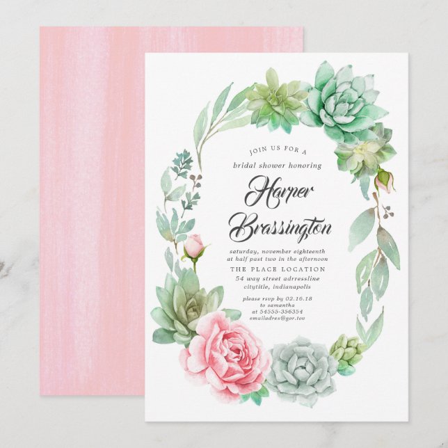 Succulents Wreath Floral Pink Bridal Shower Invitation (Front/Back)