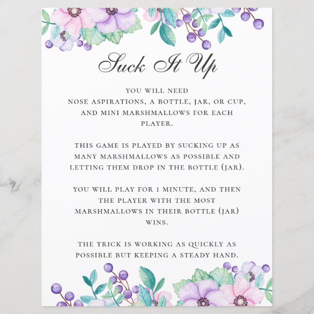 Suck It Up. Baby shower game. Purple floral (Front)