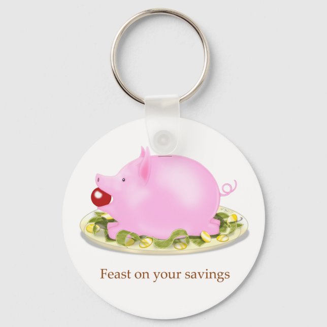 Suckling Piggy Bank "Feast on your savings" Money Keychain (Front)