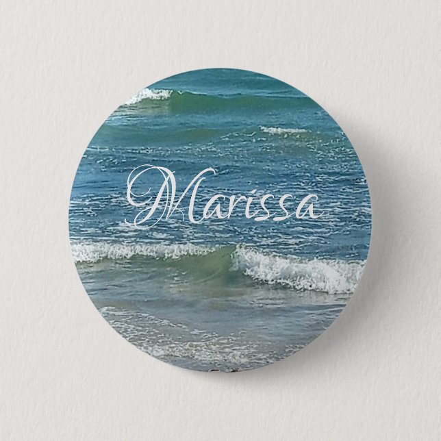 Sudsy Blue Atlantic Ocean Shore Custom Name Button (Front)