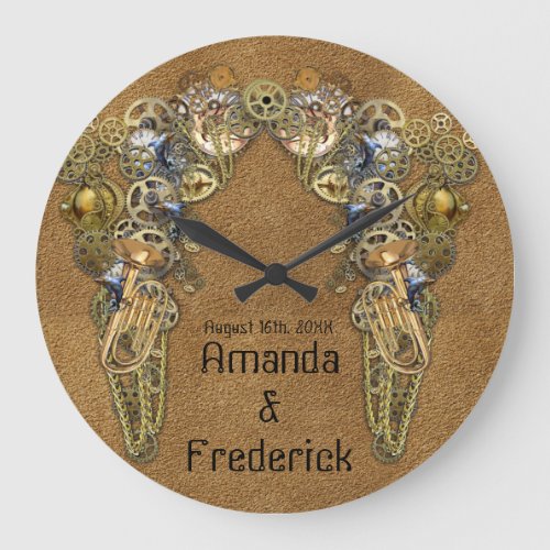 Suede Texture with Steampunk Sculptures Large Clock