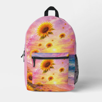Sueño Marino de Girasoles: Atardecer en la Playa Printed Backpack