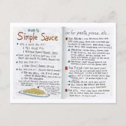 Sues Simple Sauce recipe postcard