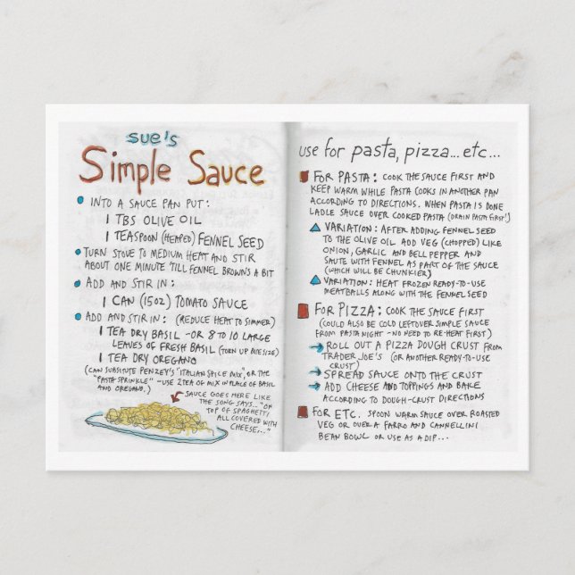 Sue's Simple Sauce recipe postcard (Front)