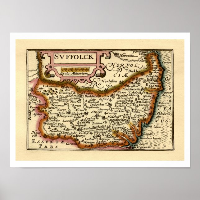 Suffolk (Suffolck) County England Antiquarian Map Poster (Front)