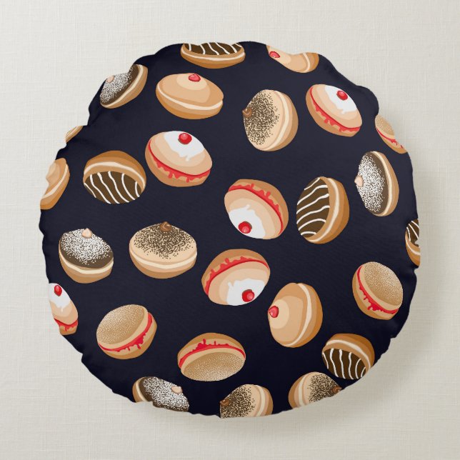 Sufganiyot Donuts: Hanukkah Vintage Pattern Round Pillow (Front)