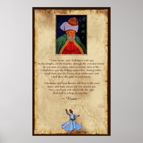Sufi Mystic Wisdom by Rumi on faux Parchment BG Poster