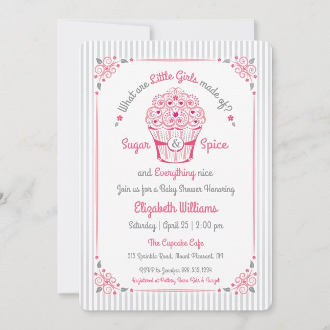 Sugar and Spice Cupcake Baby Girl Shower Invite (Front)