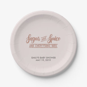 Sugar and Spice Rose Gold Typography Baby Shower Paper Plates