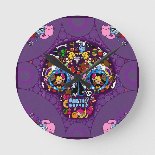 Sugar Art Skull Kawaii Doodle customized Round Clock (Front)