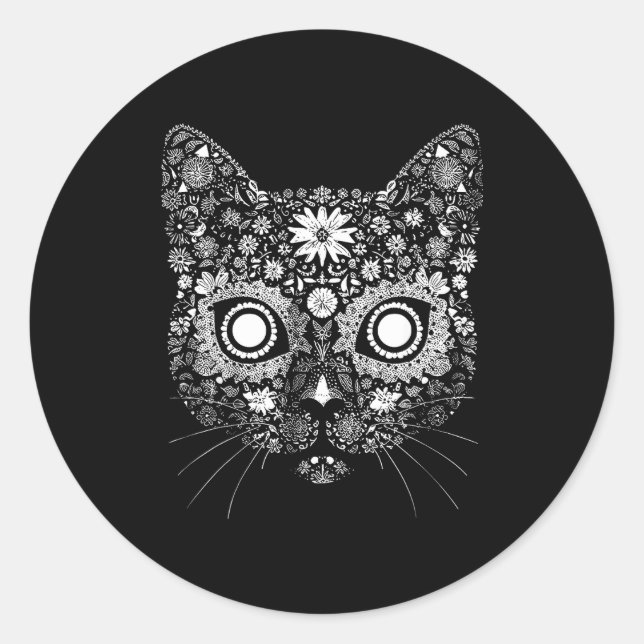 Sugar Cat Skull Flower Artistic Design  Classic Round Sticker (Front)