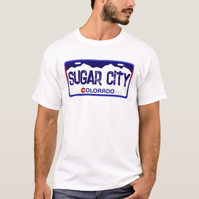 Sugar City Colorado blue license plate shirt (Front)