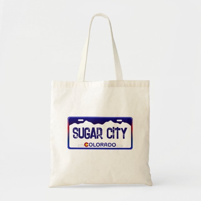 Sugar City Colorado blue license plate tote bag (Front)