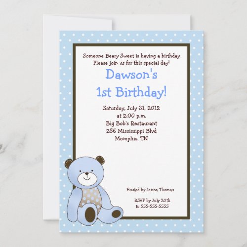 Sugar Cookie Blue Bear 5x7 Birthday Invitation