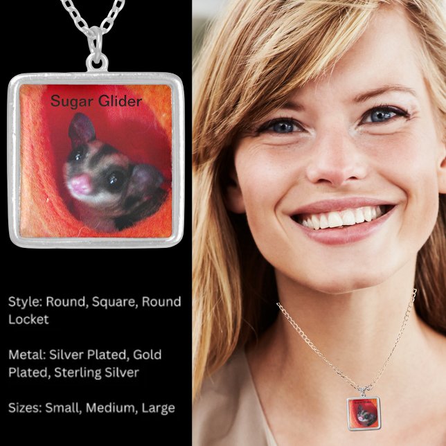 Sugar Glider in Orange Hanging Bed Square Silver Plated Necklace (Sugar Glider in Orange Hanging Bed Square Silver Plated Necklace)