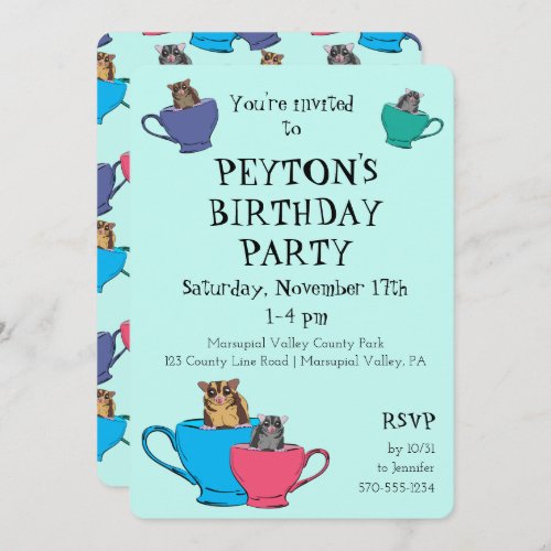 Sugar Glider in Tea Cups Custom Birthday Party Invitation