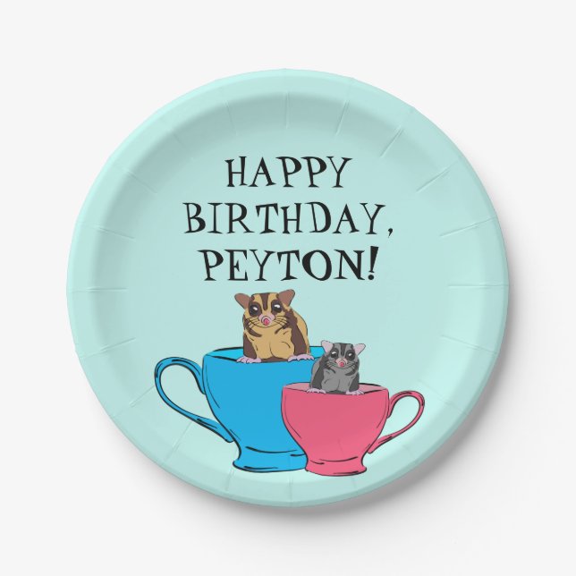 Sugar Glider in Tea Cups Custom Birthday Party Paper Plates (Front)