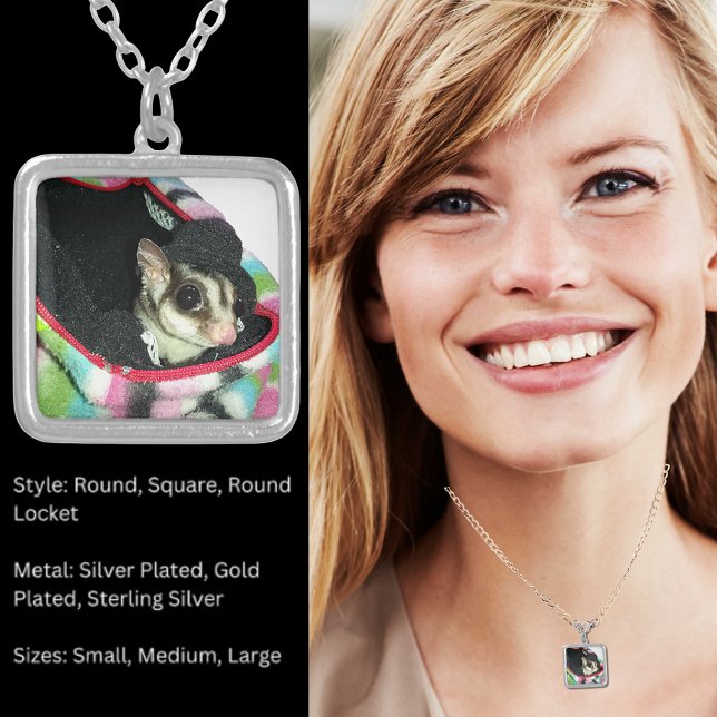 Sugar Glider Wearing a Hat Square Silver Plated Necklace (Sugar Glider Wearing a Hat Square Silver Plated Necklace)