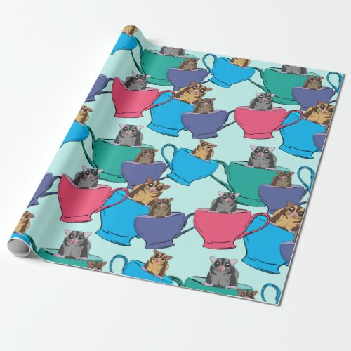 Sugar Gliders in Tea Cups Colorful Patterned Wrapping Paper
