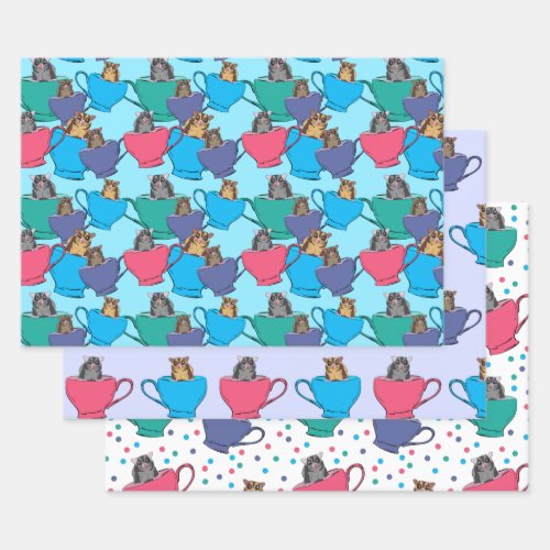 Sugar Gliders in Tea Cups Colorful Patterned Wrapping Paper Sheets