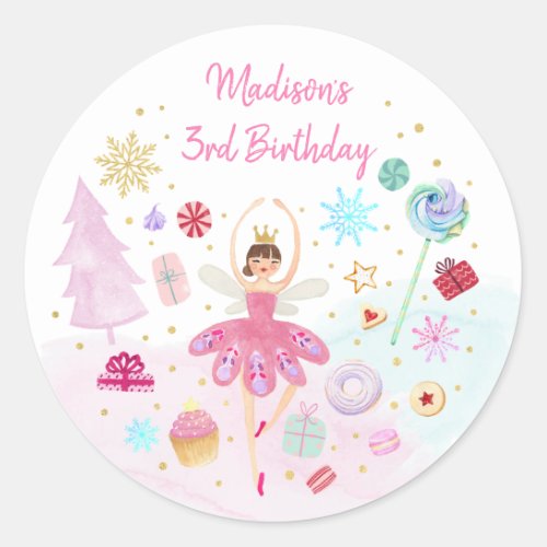 Sugar Plum Fairy Land of Sweets Pink Gold Birthday Classic Round Sticker