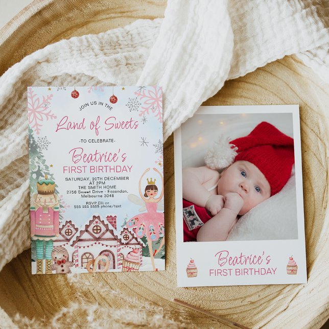 Sugar Plum Fairy Photo Gingerbread House Birthday Invitation (Land of sweets Nutcracker birthday invite with various items form the ballet and a photo on the back)