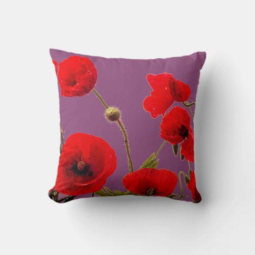Sugar Plum Pink Red Poppy Flower Floral Purple Throw Pillow