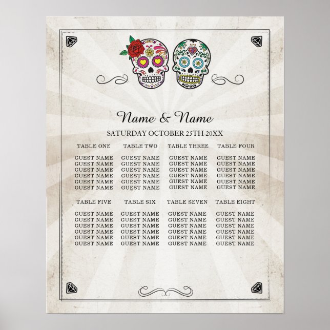 Sugar Sku Rose Table Plan Wedding Poster 8 Seating (Front)